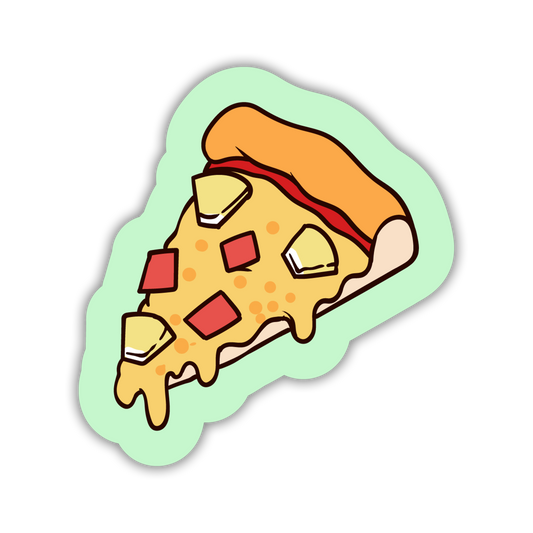 Cartoon slice of pizza with pineapple on a light green background