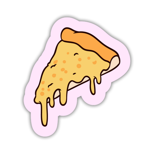 Cartoon slice of pizza with cheese on a pink background