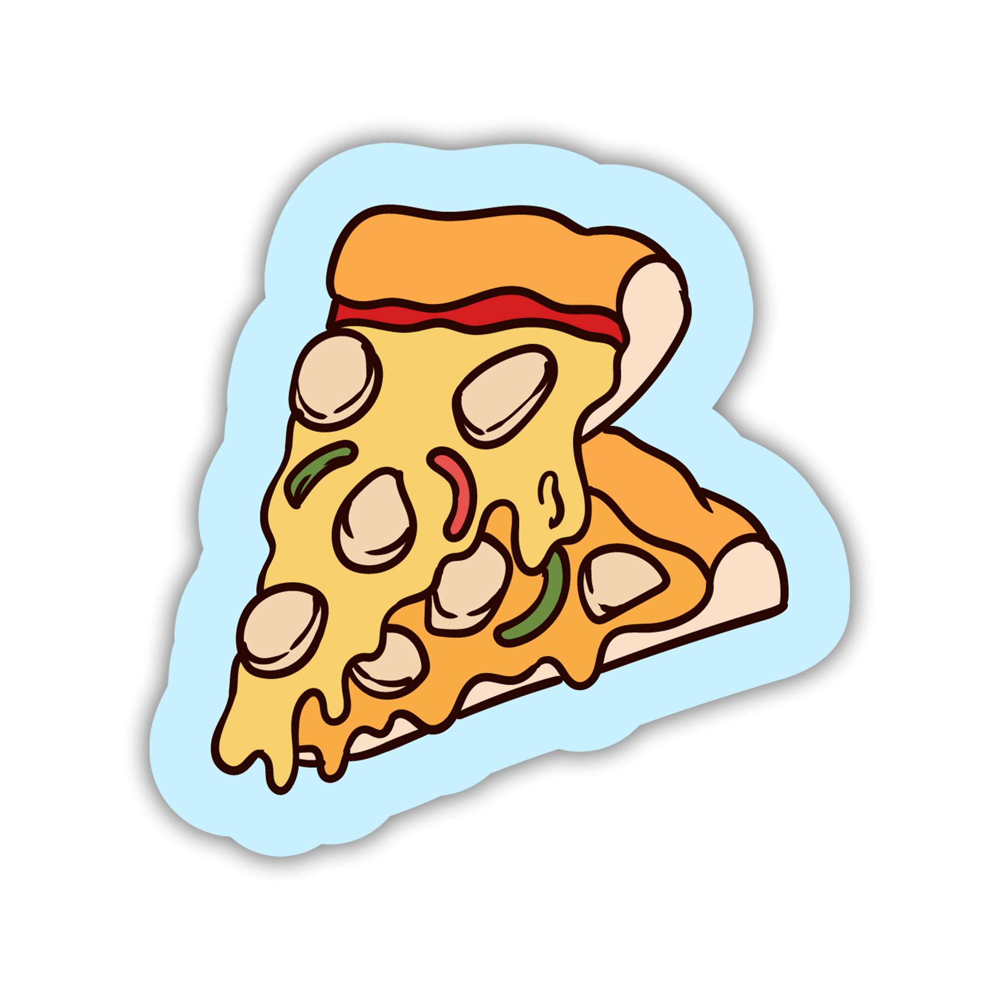 Cartoon slice of pizza with pepperoni and bell peppers on a light blue background