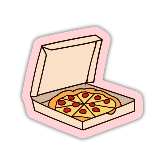Illustration of a pizza in a box with a pink border on a white background