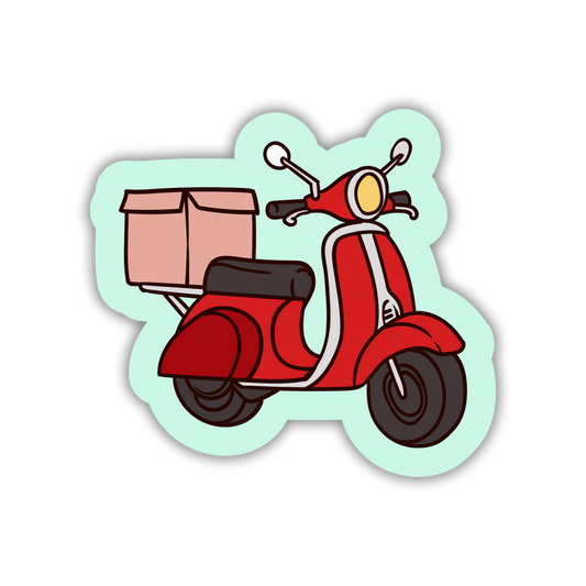Sticker of a red scooter with a brown box on a light blue background