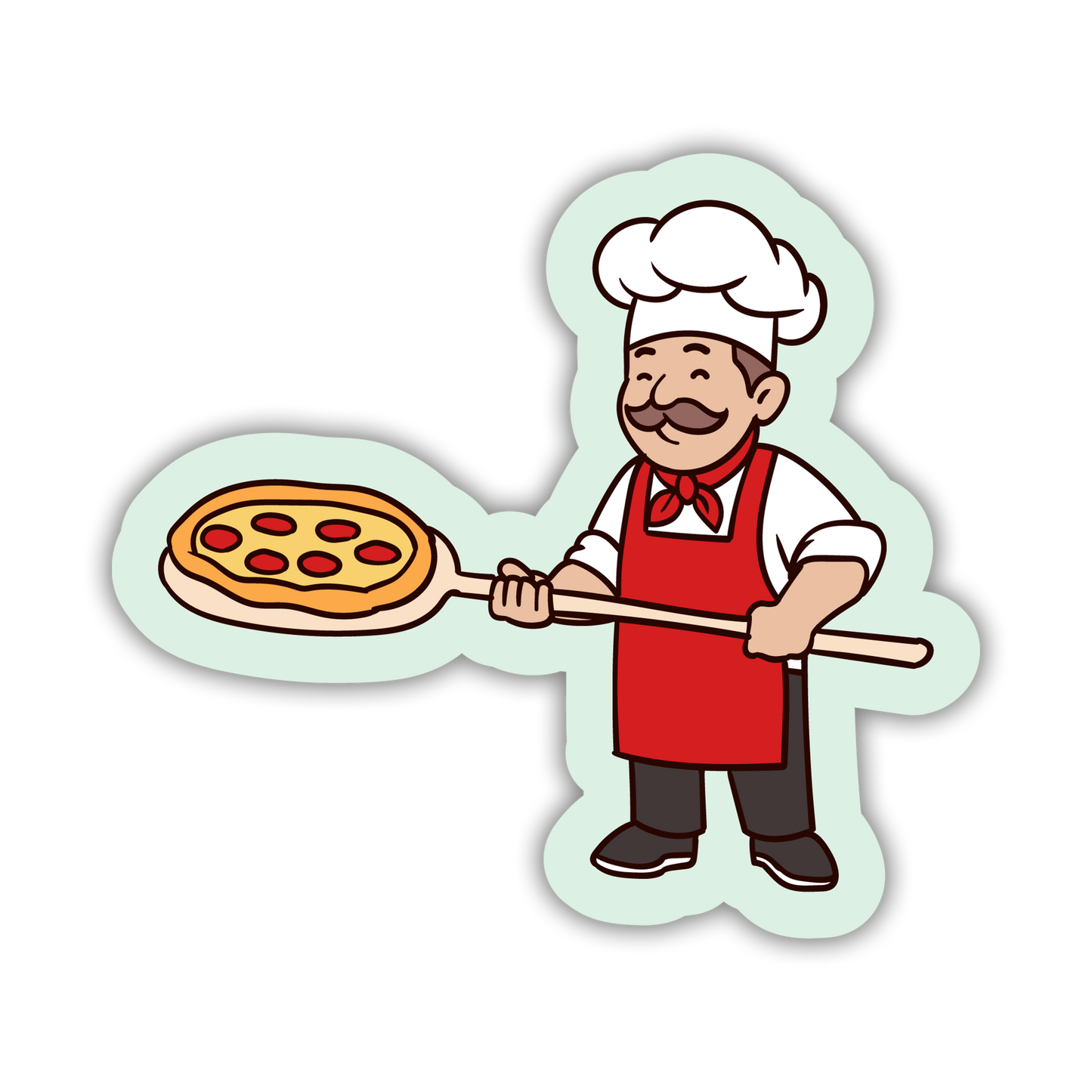 Cartoon pizza chef holding a pizza on a white background