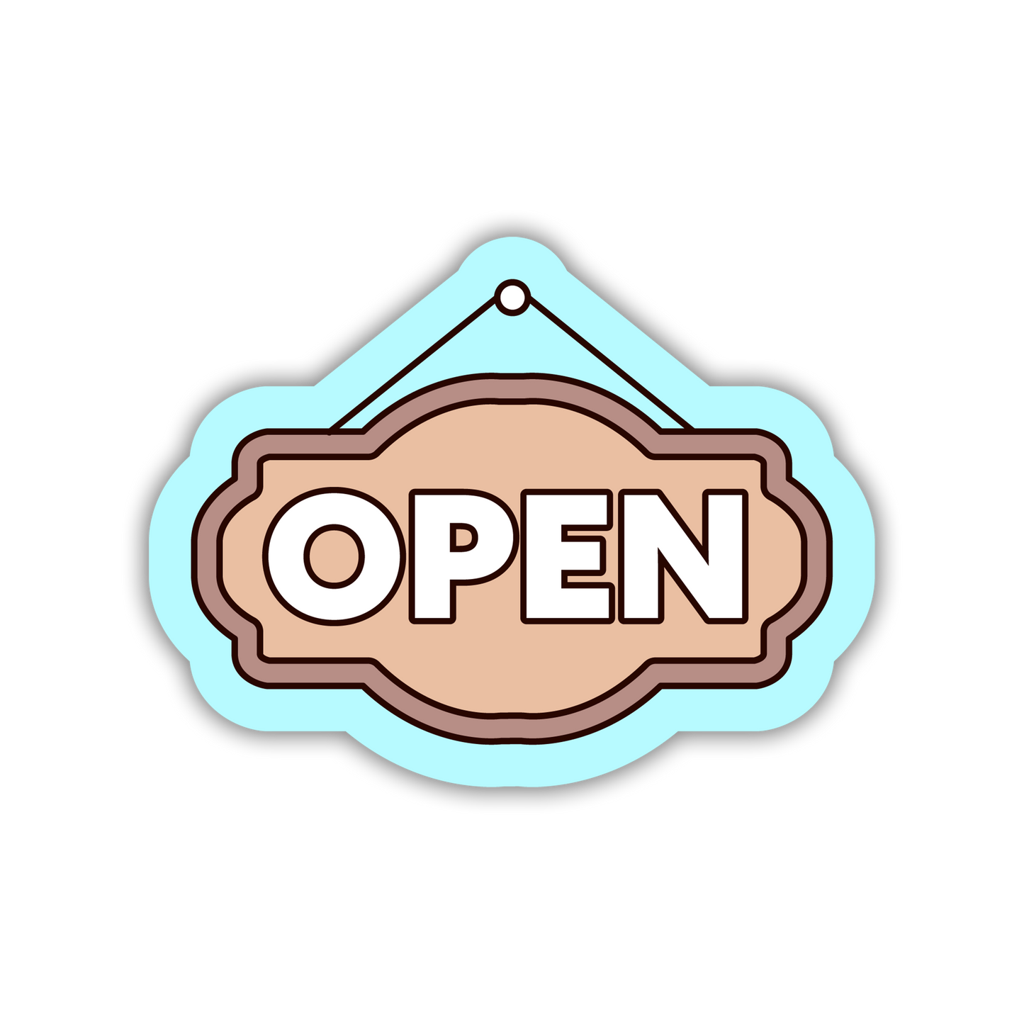 Open sign with a light blue border on a white background