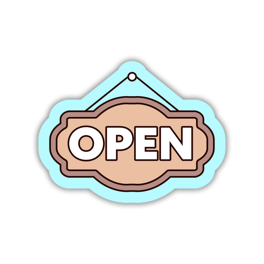 Open sign with a light blue border on a white background