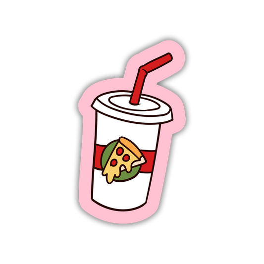 Cartoon-style drink with a pizza slice on a white background