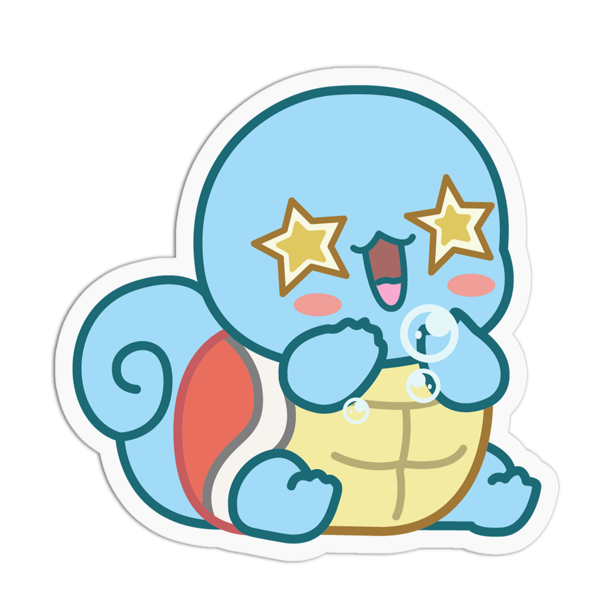 Cartoon character with a blue shell, red interior, and star-shaped eyes on a transparent background