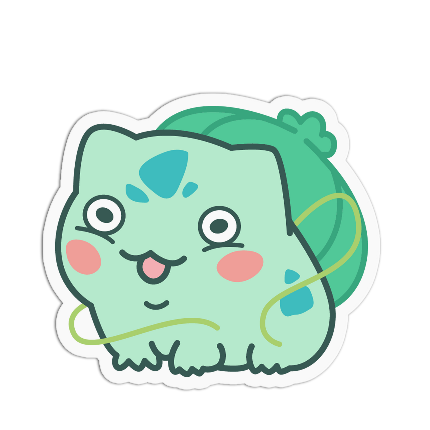 Cartoon character with a green body and blue accents on a white background