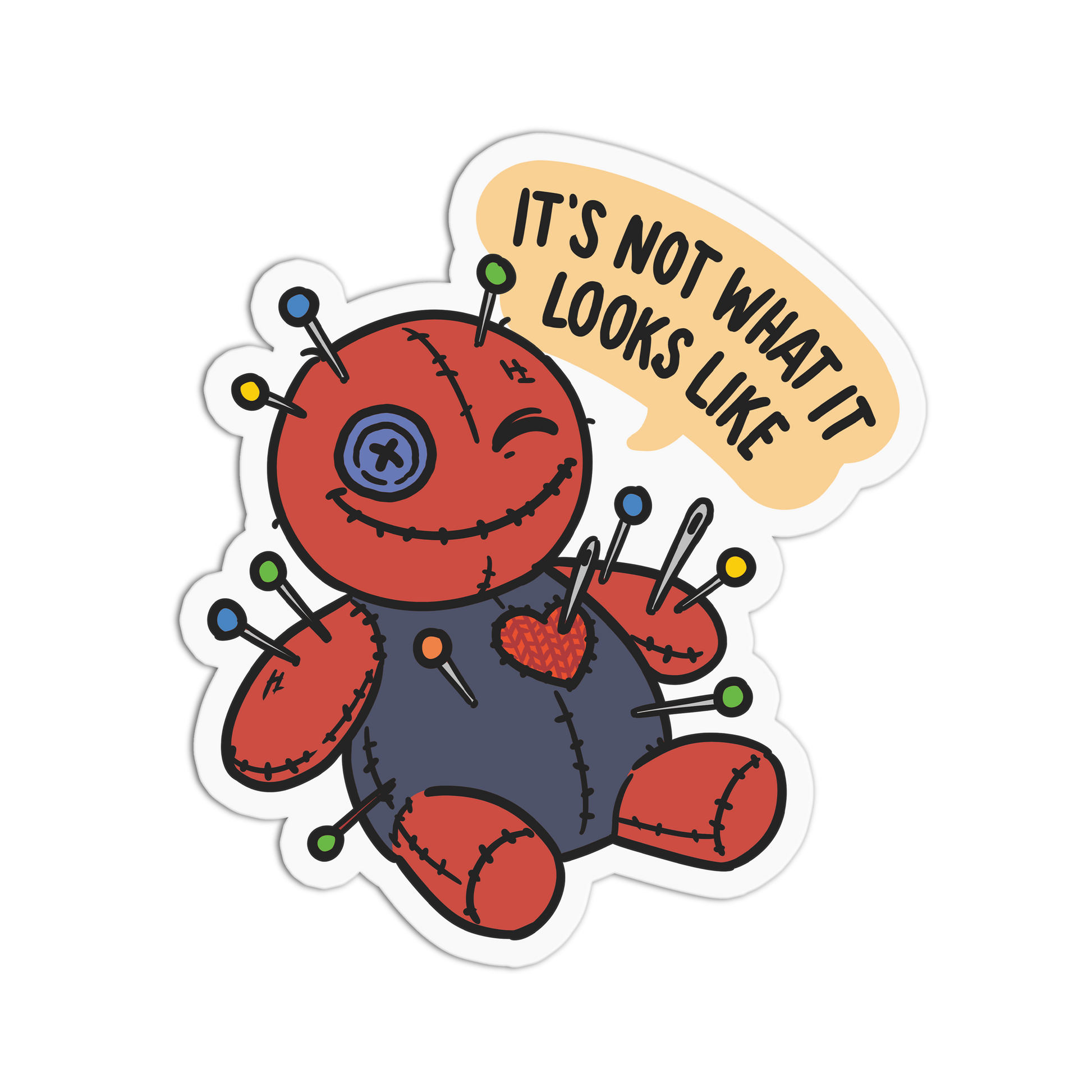 Sticker of a red and blue doll with pins, wearing a speech bubble saying 'It's not what it looks like'.
