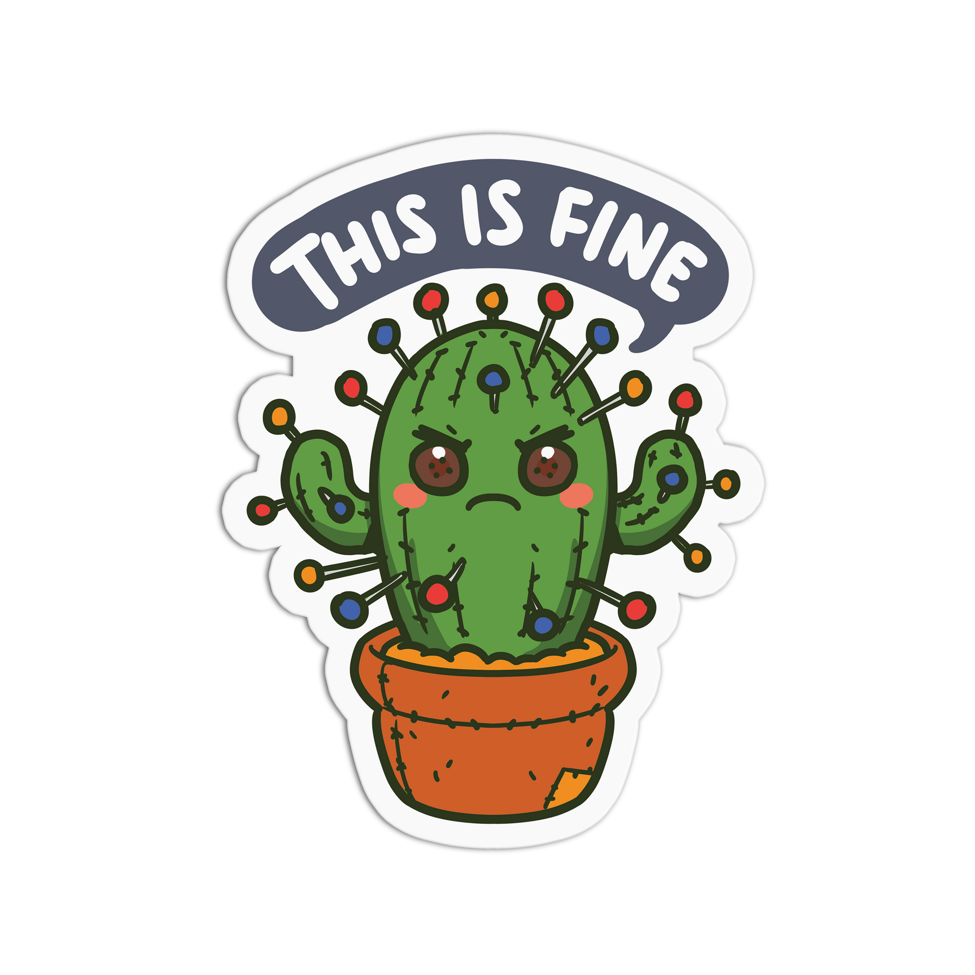 Sticker with a cactus wearing Christmas lights and 'This is Fine' text on a white background