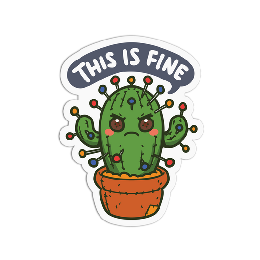 Sticker with a cactus wearing Christmas lights and 'This is Fine' text on a white background