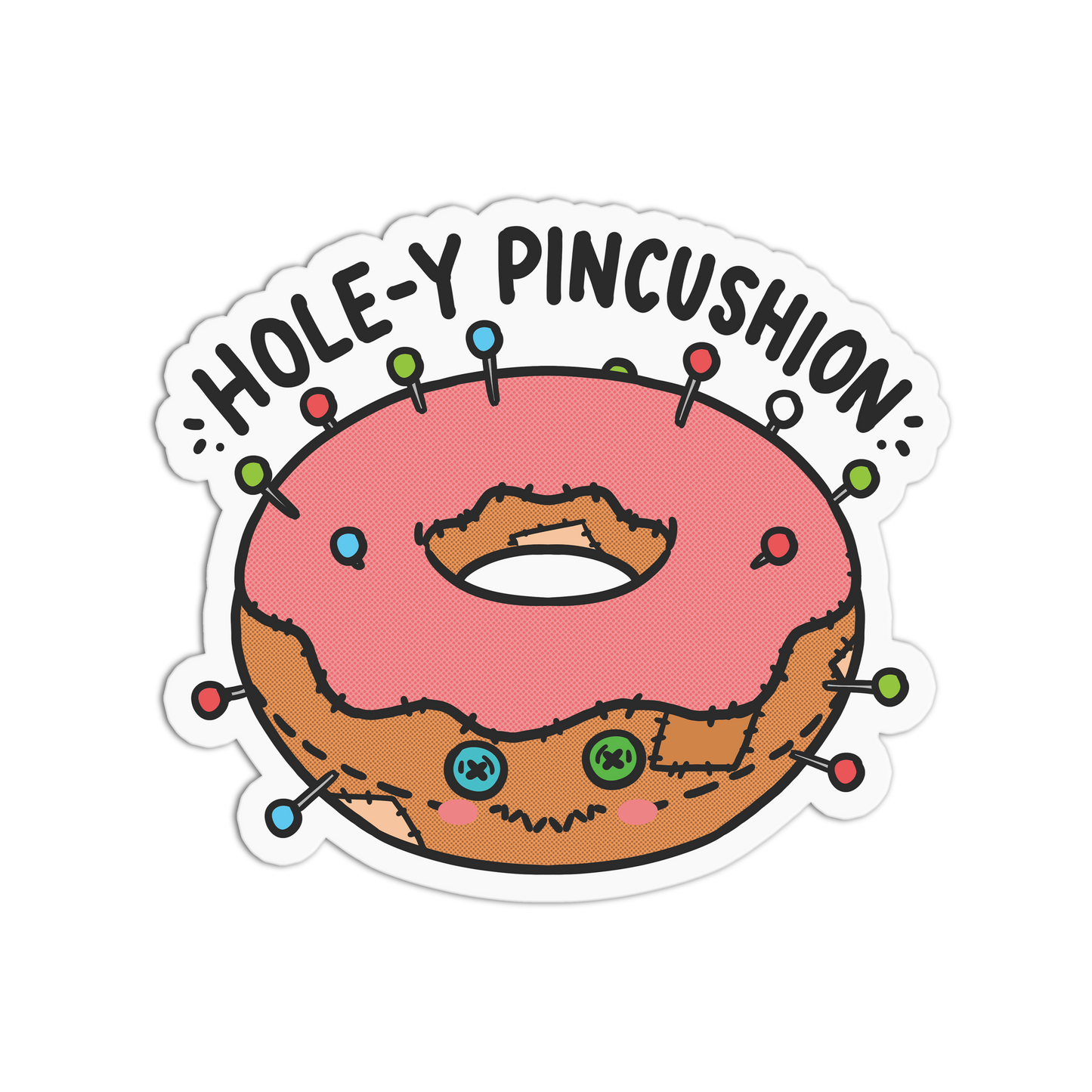 Sticker with a donut-shaped pincushion and 'Hole-y Pincushion' text on a white background