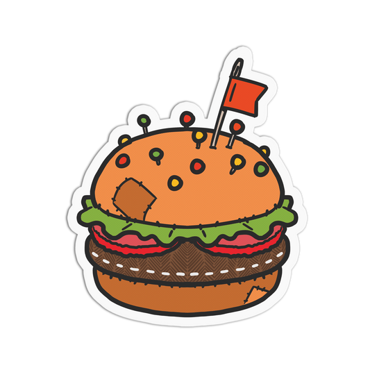 Cartoon hamburger with a flag on a white background