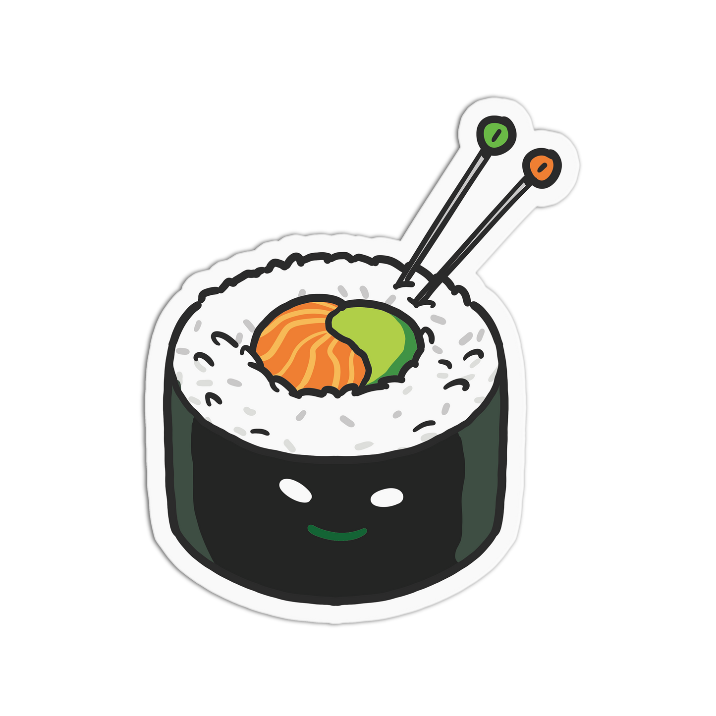 Cartoon sushi roll with facial features and chopsticks on a white background