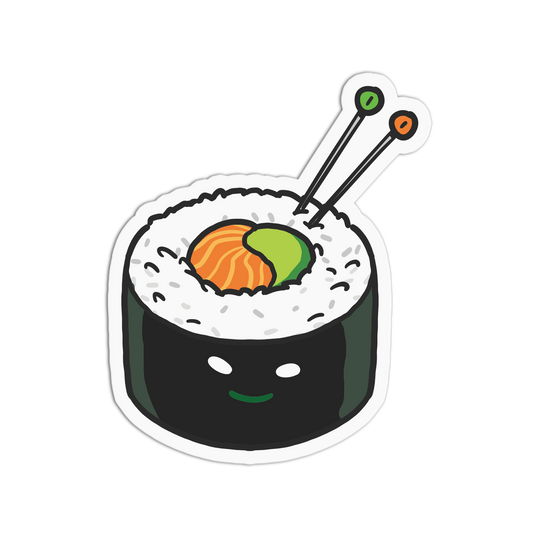 Cartoon sushi roll with facial features and chopsticks on a white background