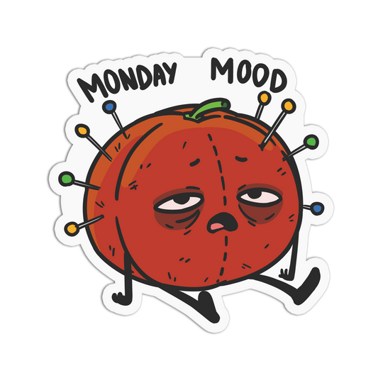 Cartoon tomato with 'Monday Mood' text on a white background
