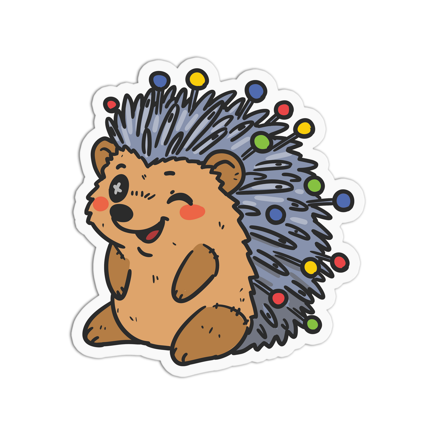 Cartoon hedgehog with colorful spines on a white background