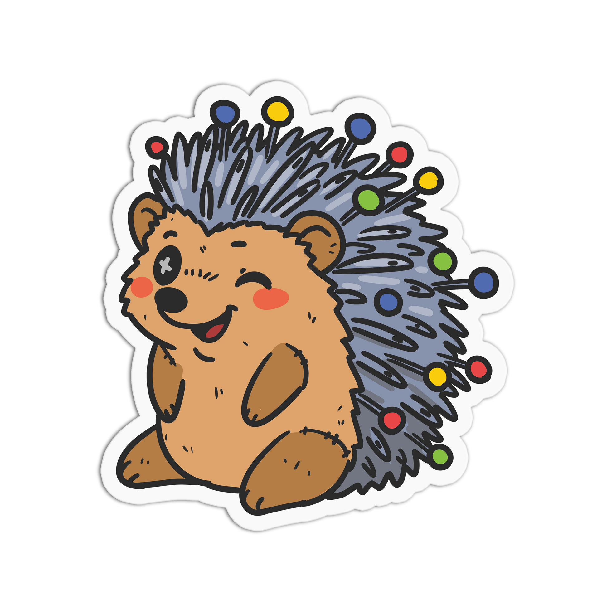 Cartoon hedgehog with colorful spines on a white background