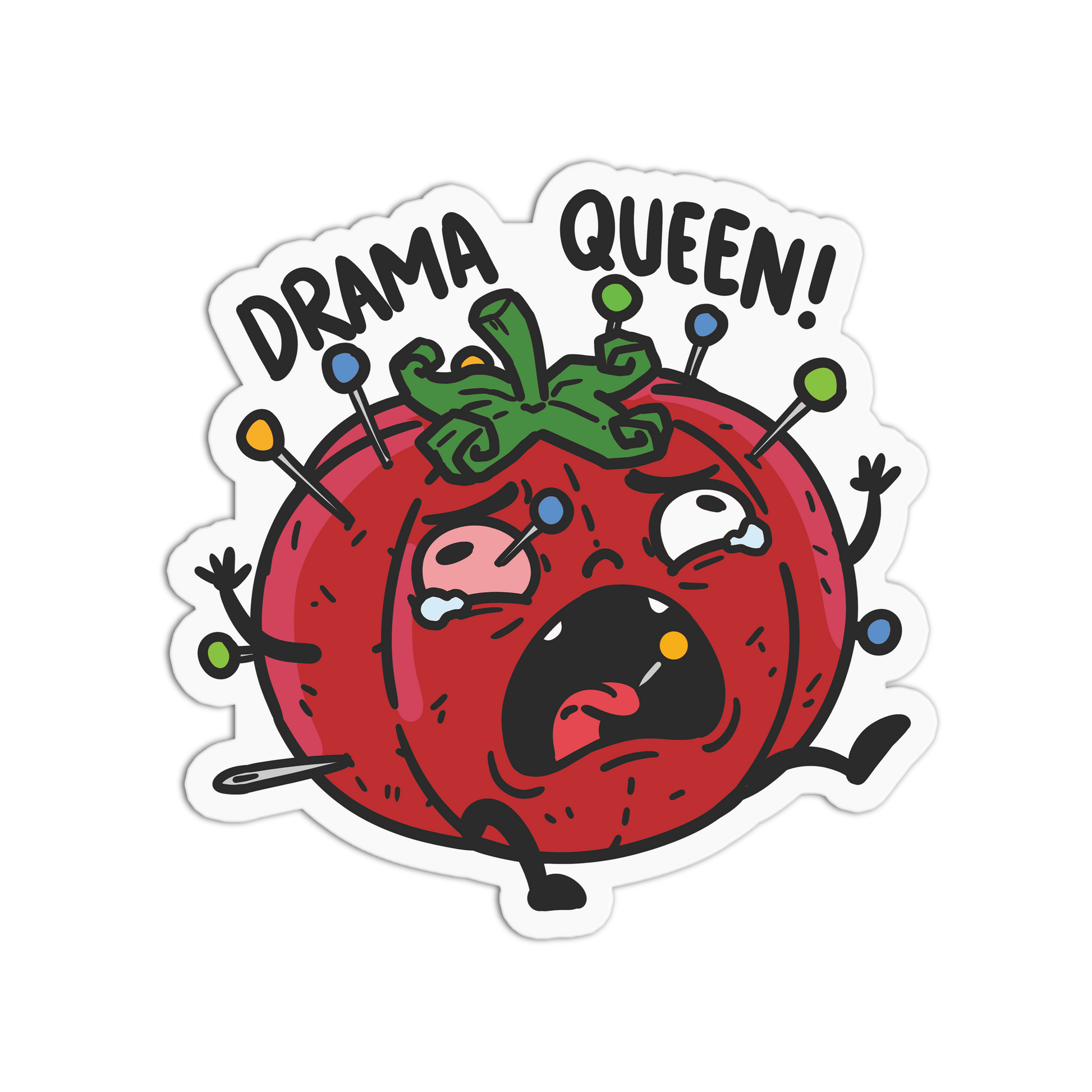 Sticker with a tomato character labeled 'Drama Queen' on a white background
