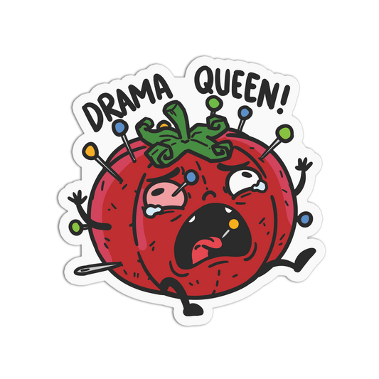 Sticker with a tomato character labeled 'Drama Queen' on a white background