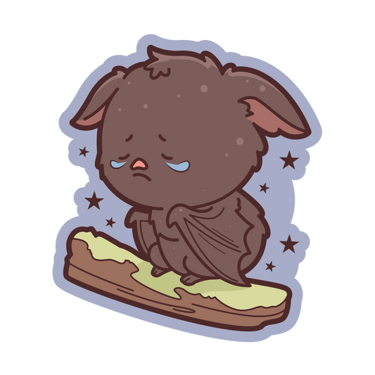 Cartoon bat character on a leaf with a sad expression on a white background