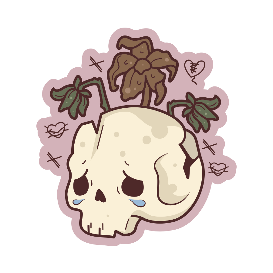 Cartoon skull with plants on a pink background