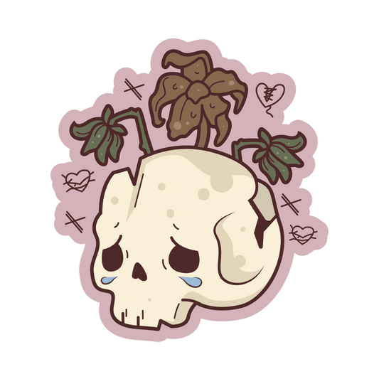 Cartoon skull with plants on a pink background