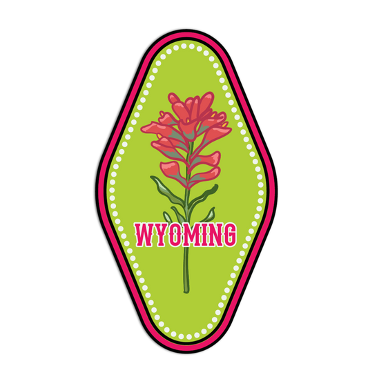 Sticker with a red flower and 'Wyoming' text on a green background
