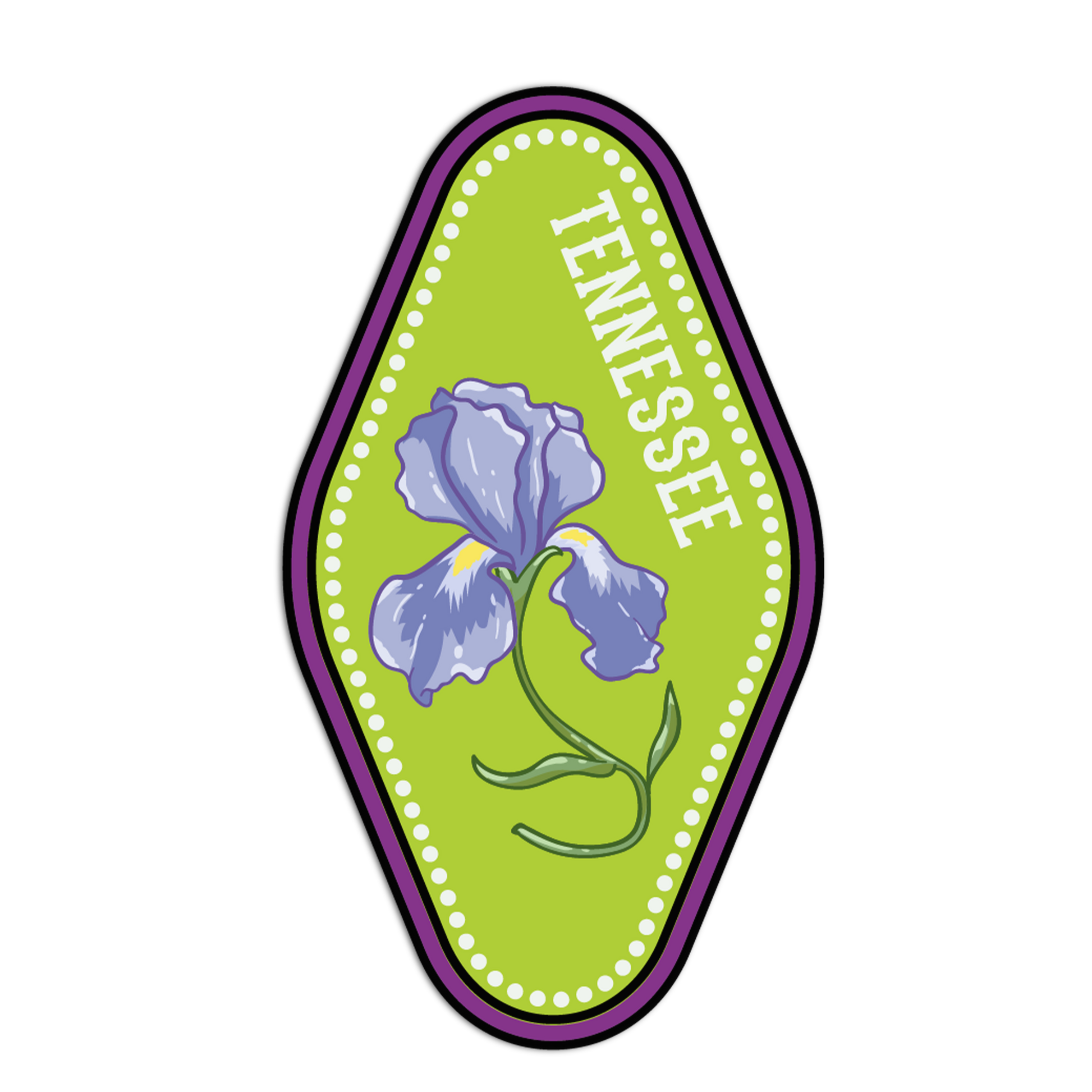 Sticker with a purple iris flower and 'TENNESSEE' text on a green background