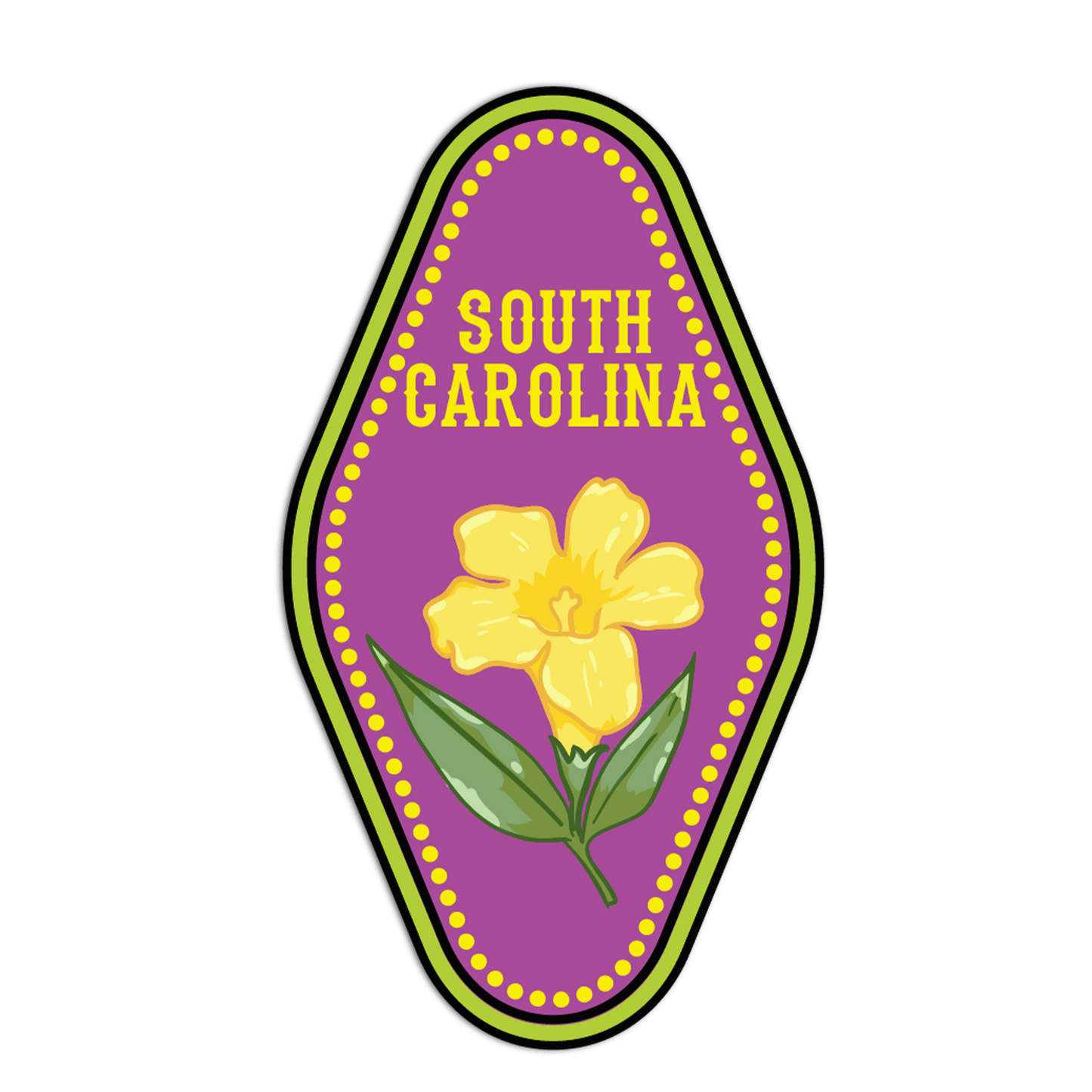 Sticker with a yellow flower and 'South Carolina' text on a purple background