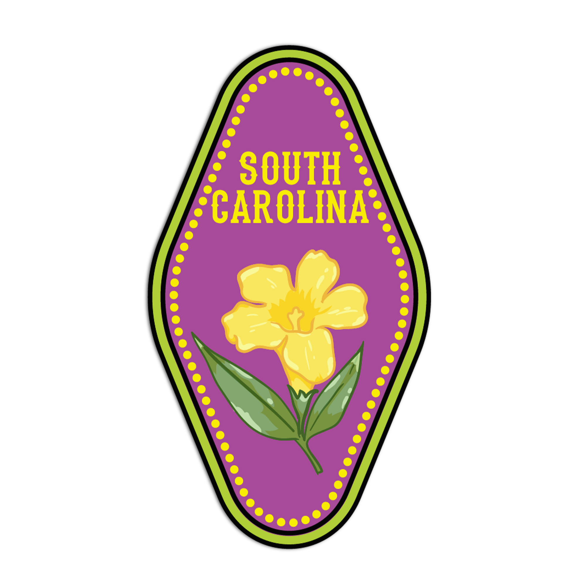 Sticker with a yellow flower and 'South Carolina' text on a purple background