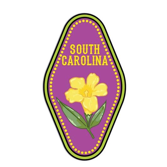 Sticker with a yellow flower and 'South Carolina' text on a purple background