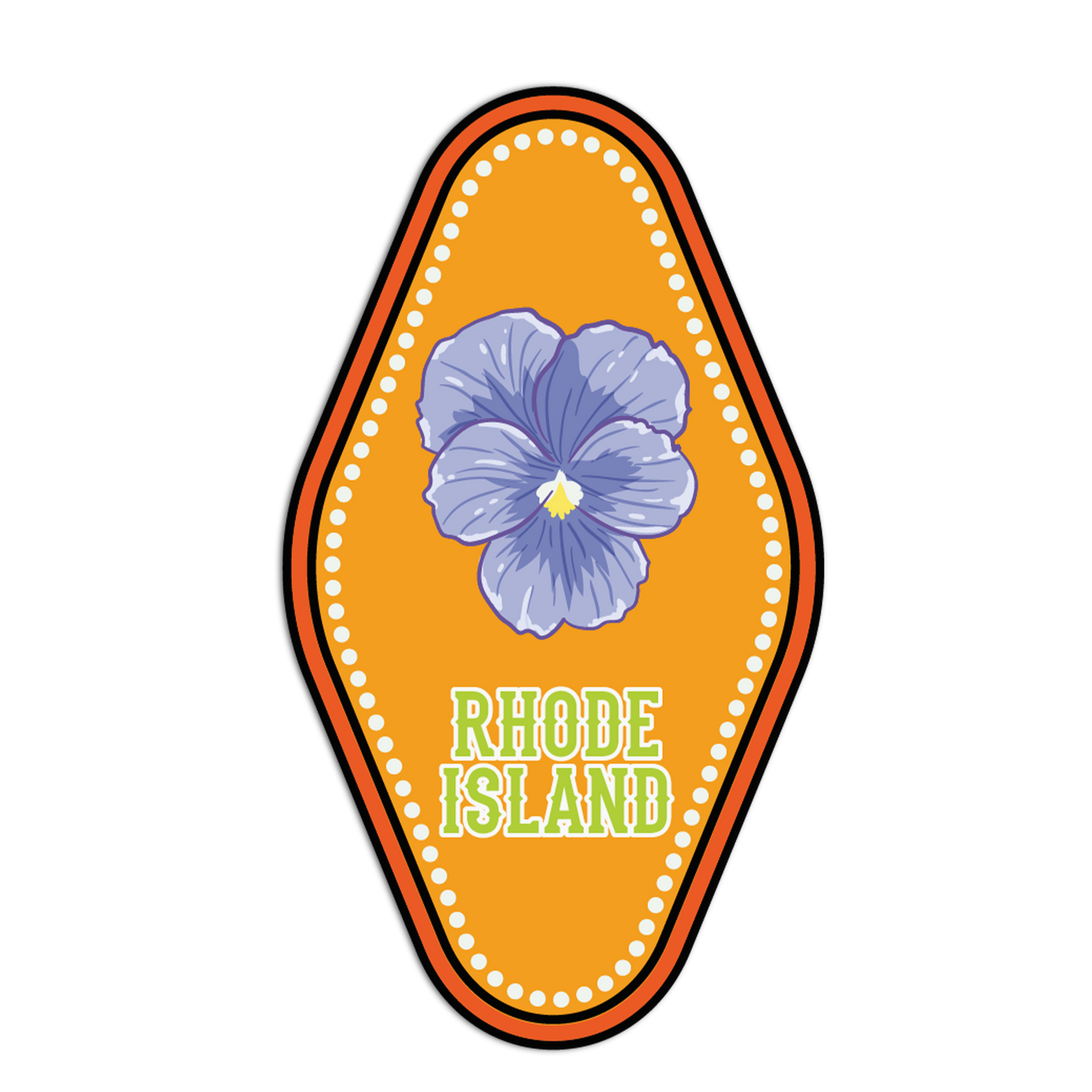 Sticker with a blue flower and 'Rhode Island' text on an orange background