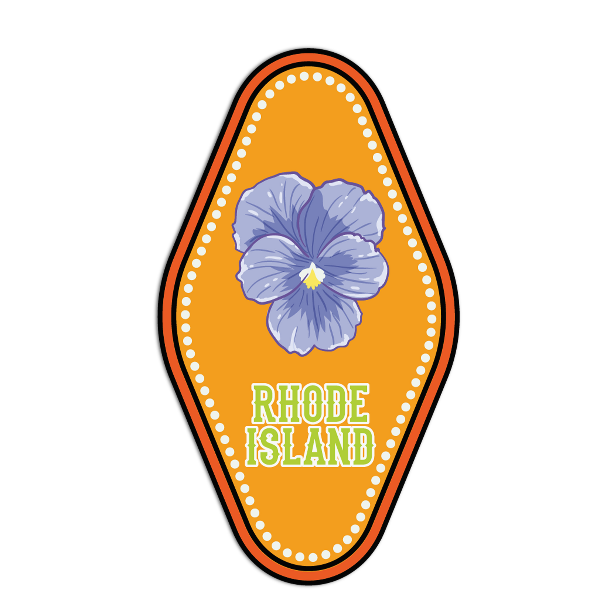 Sticker with a blue flower and 'Rhode Island' text on an orange background