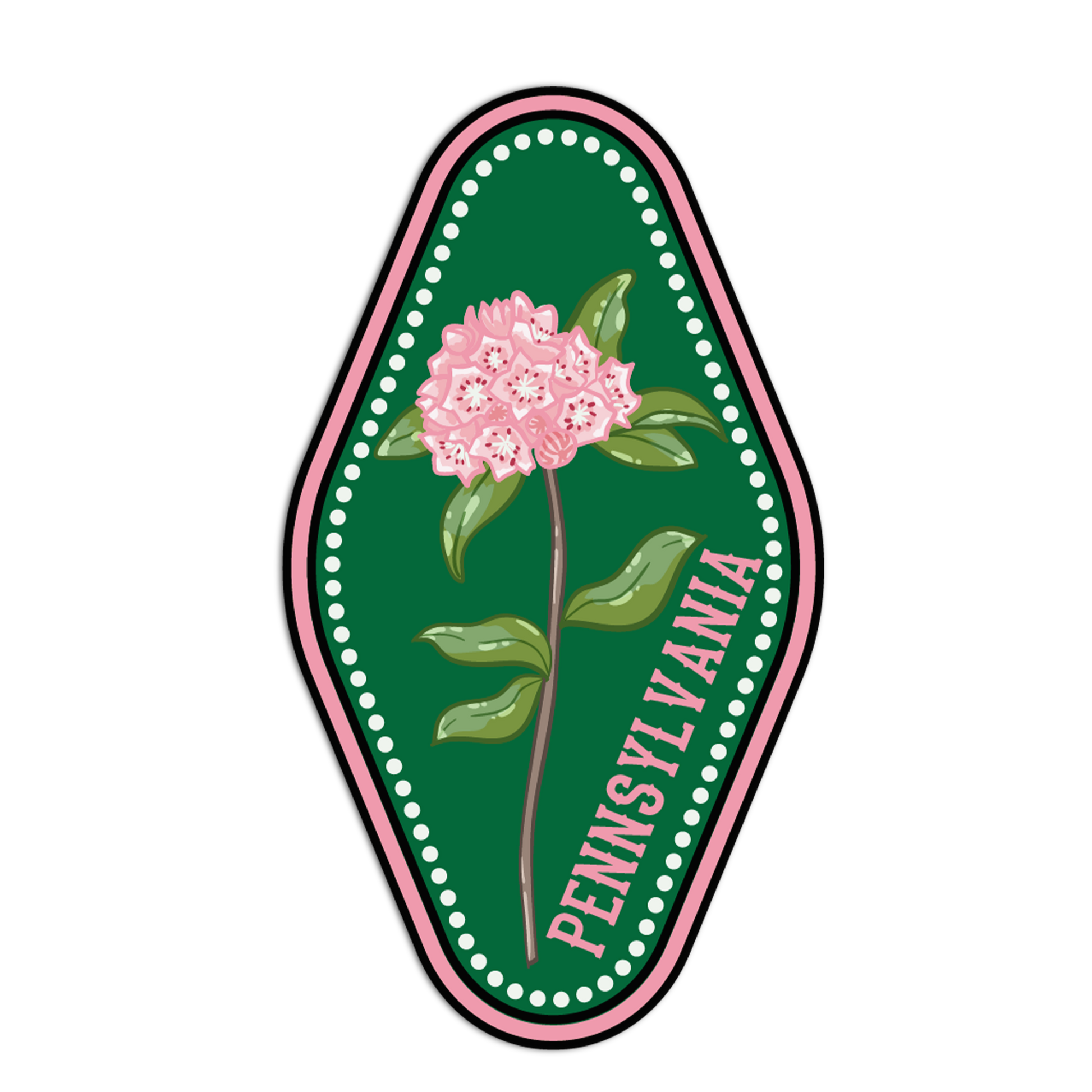 Pennsylvania state flower emblem with pink flower and green leaves on a green background