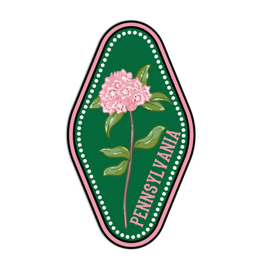 Pennsylvania state flower emblem with pink flower and green leaves on a green background