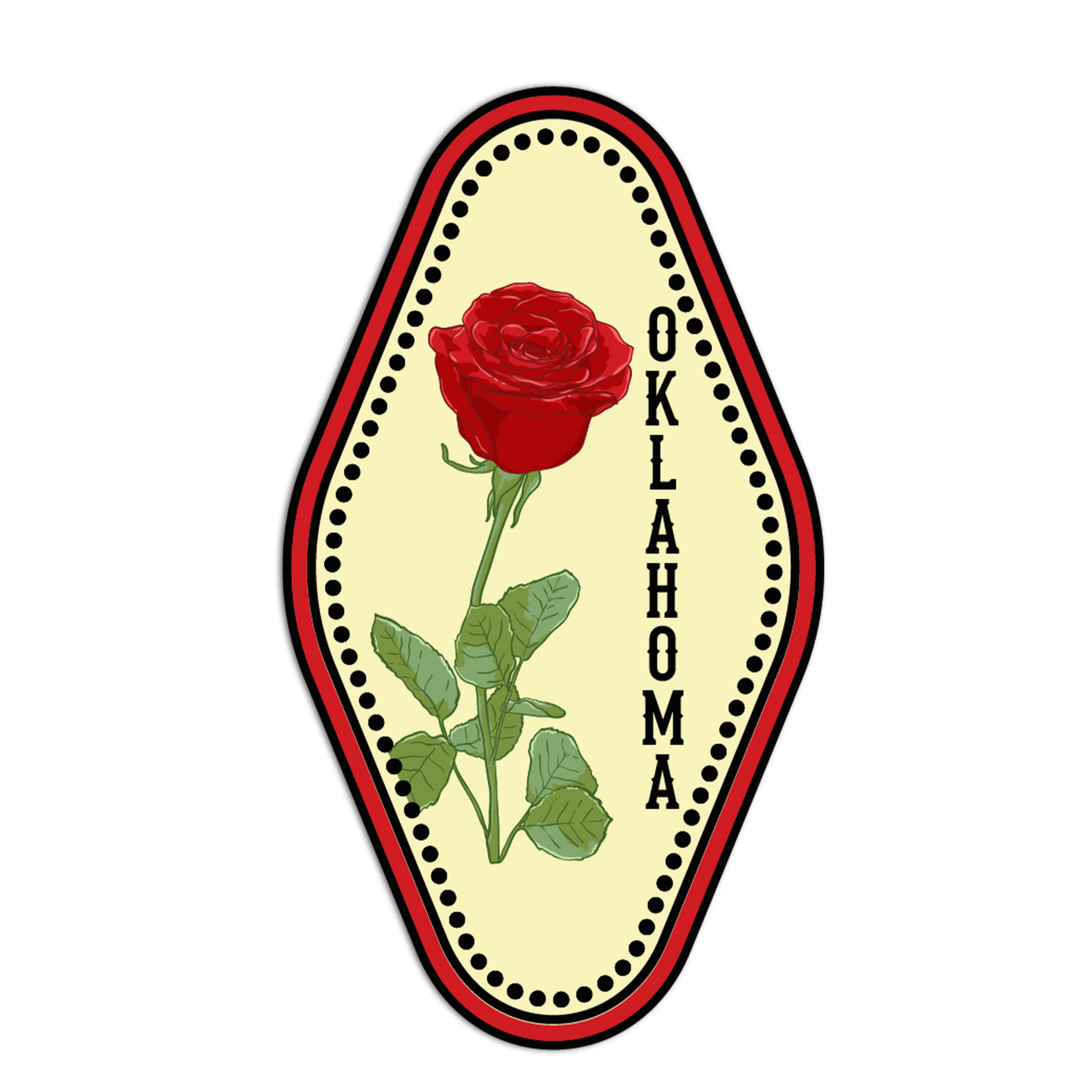 Decorative patch with a red rose and 'Oklahoma' text on a beige background