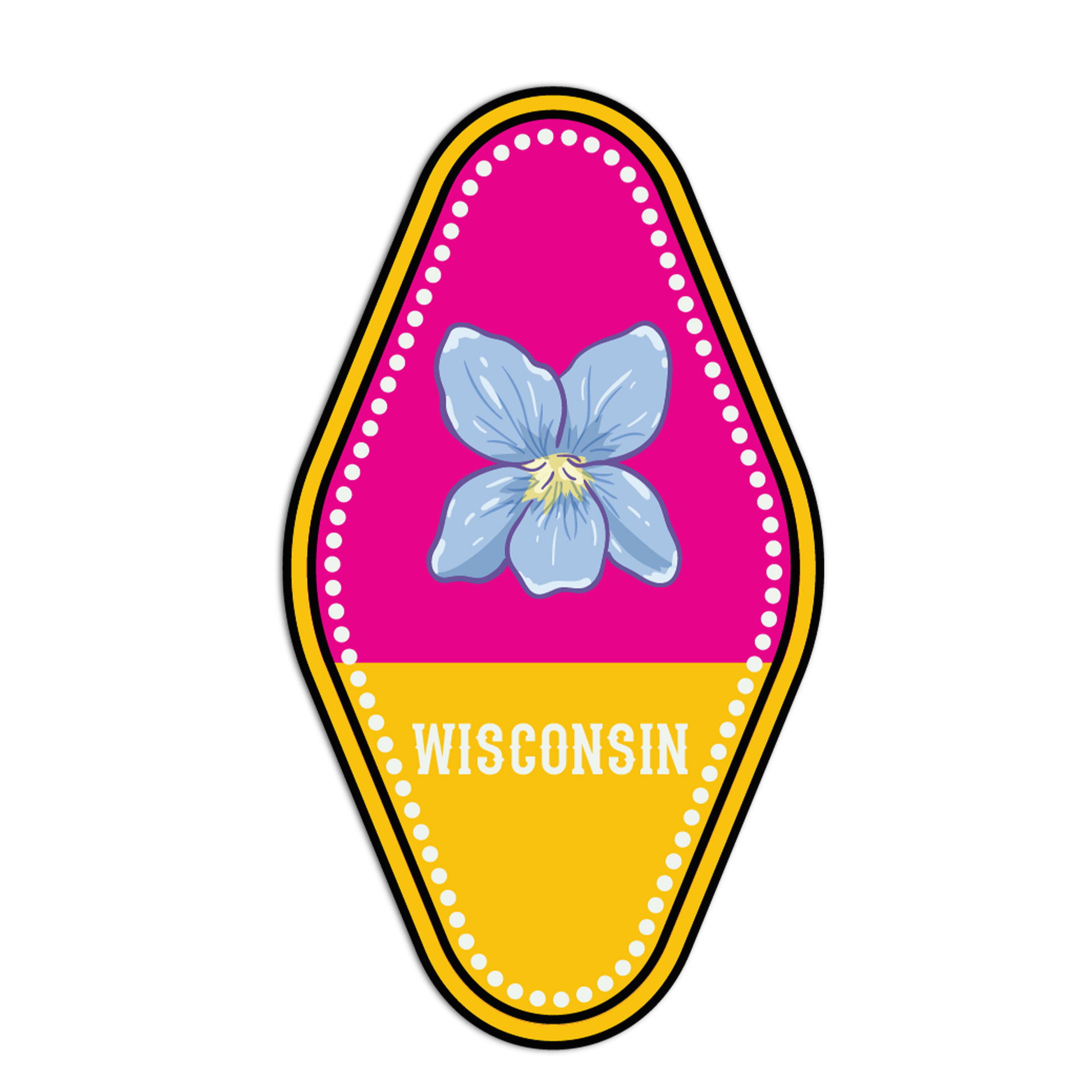 Sticker with a blue flower on a pink and yellow background, featuring the word 'Wisconsin'.