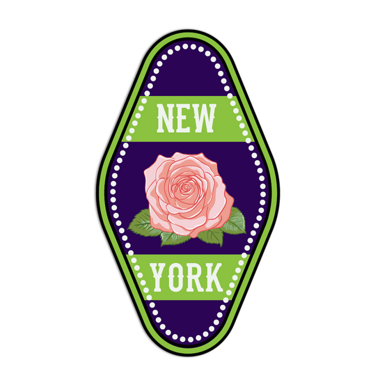 Decorative sticker with a rose and 'New York' text on a white background