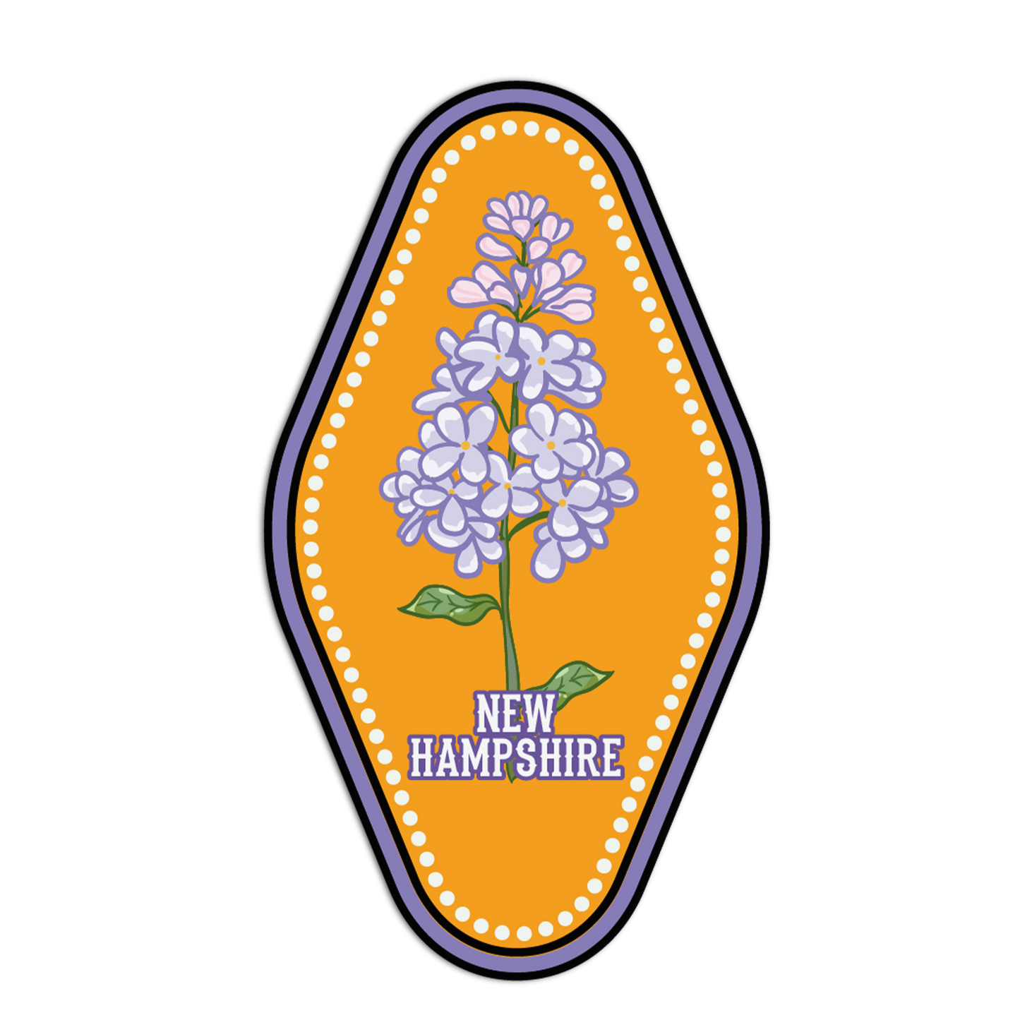 Emblem with purple flowers and 'New Hampshire' text on an orange background