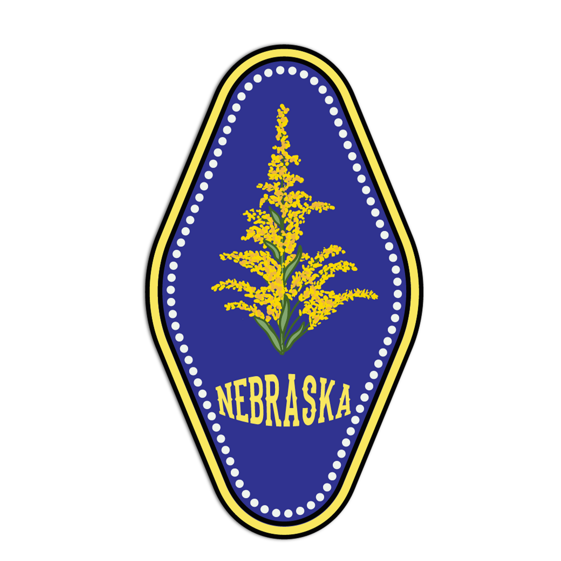 Emblem of Nebraska with yellow flower and 'Nebraska' text on a blue background