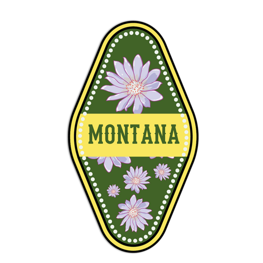 Decorative sticker with purple flowers and 'Montana' text on a green background