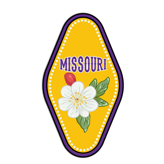 Decorative sticker with 'Missouri' text and a flower design on a yellow background
