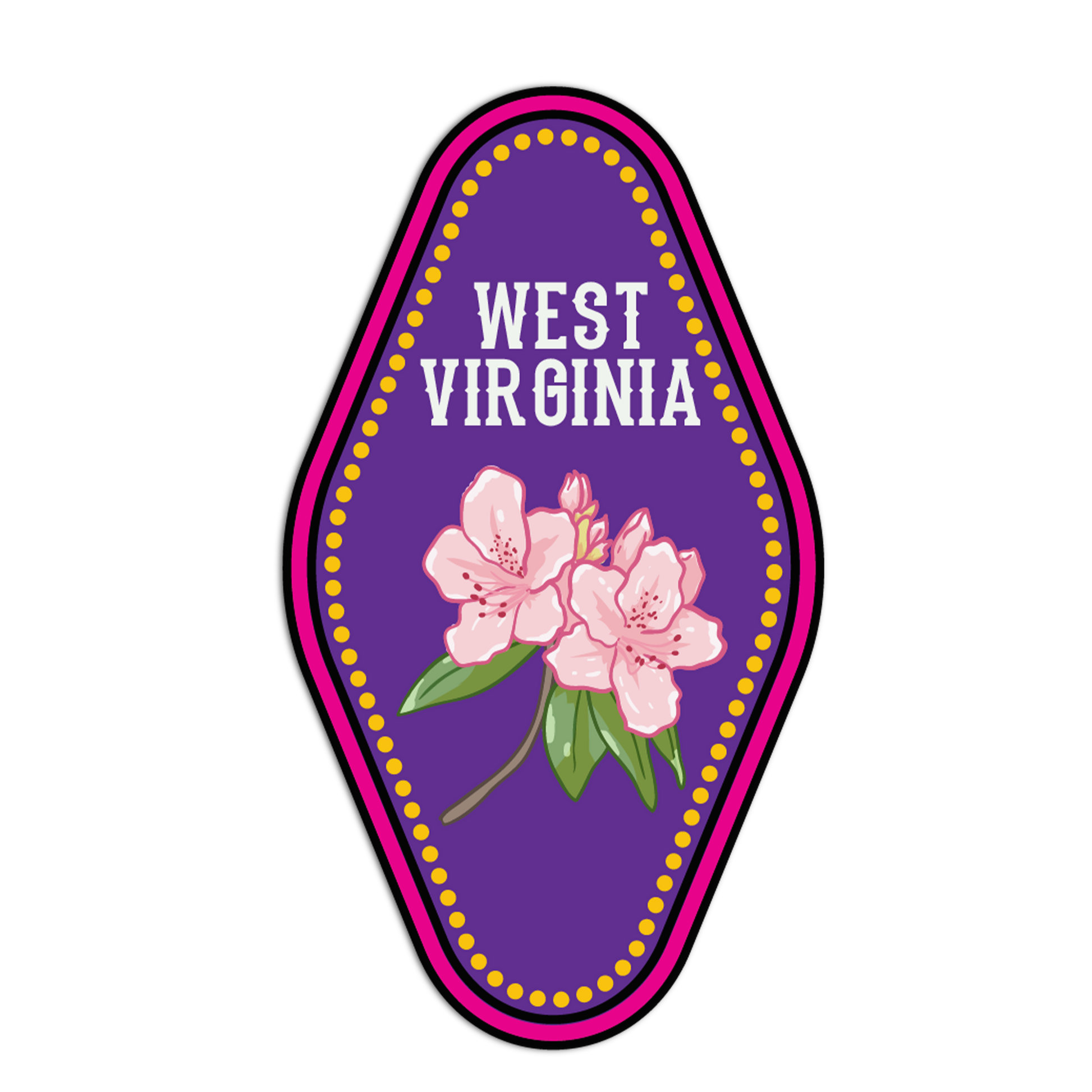 Sticker with pink flowers and 'West Virginia' text on a purple background