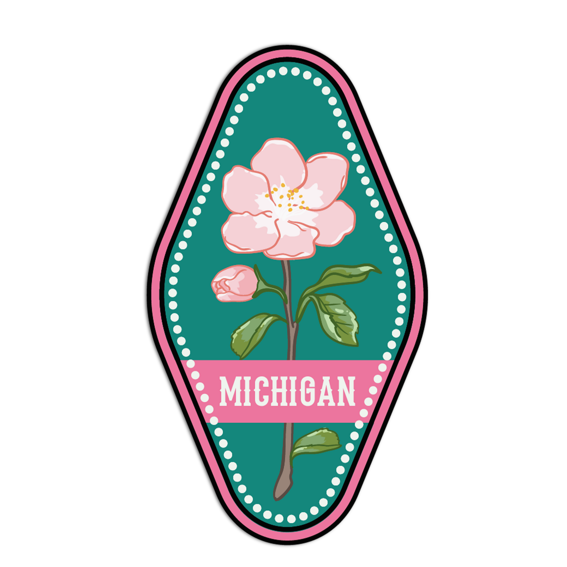 Sticker with a pink flower and 'Michigan' text on a green background