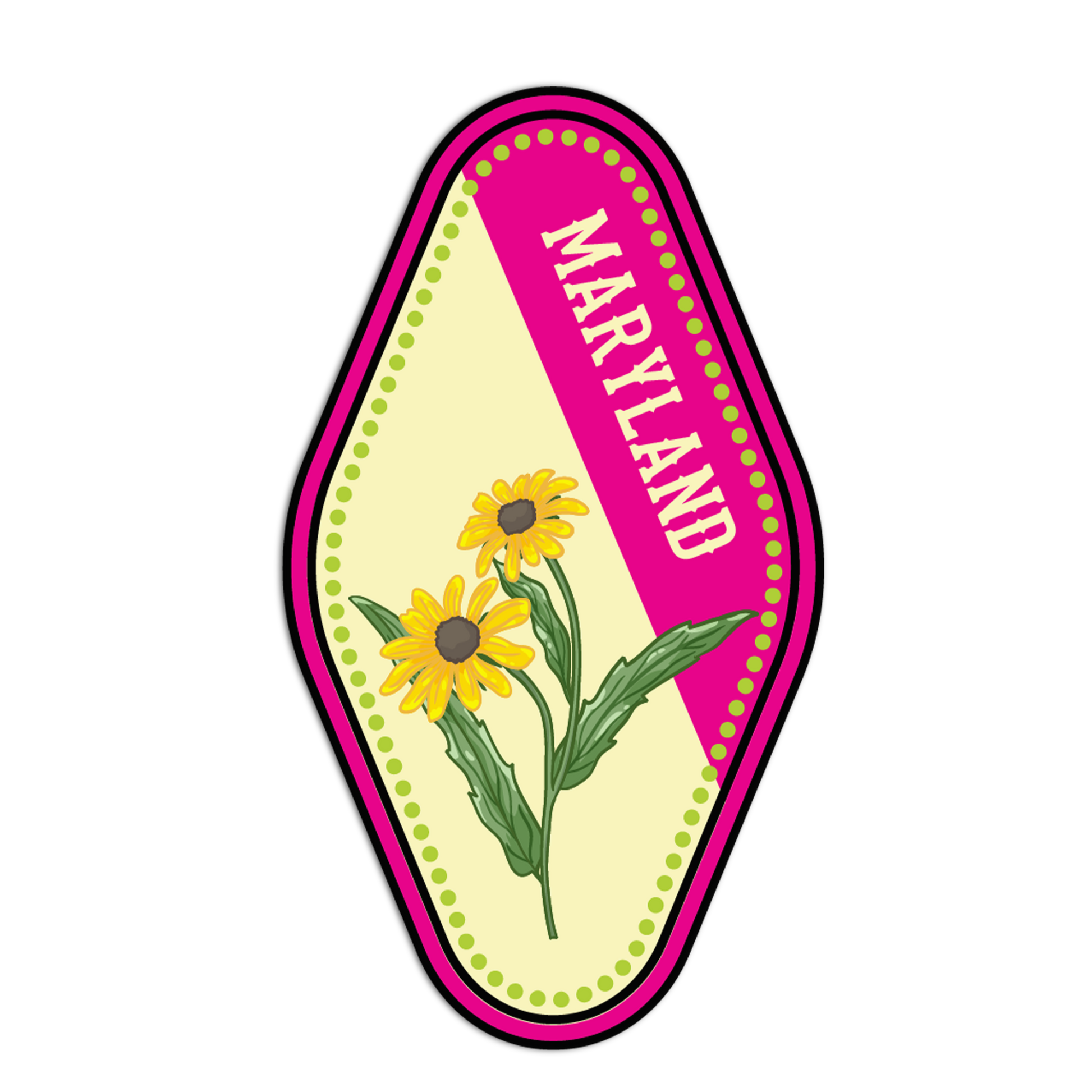 Sticker with yellow flowers and 'Maryland' text on a pink and green border