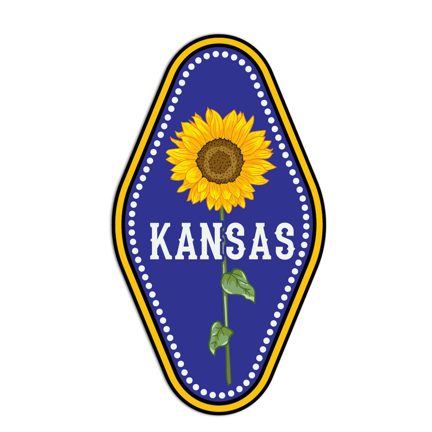 Kansas state emblem with a sunflower on a blue background
