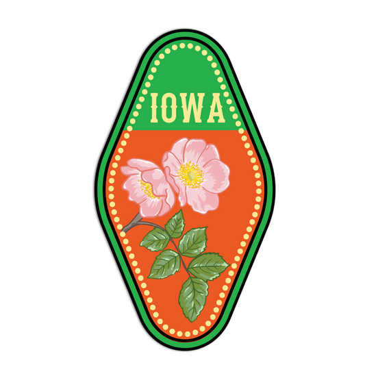 Emblem of Iowa with pink flowers and green leaves on an orange background