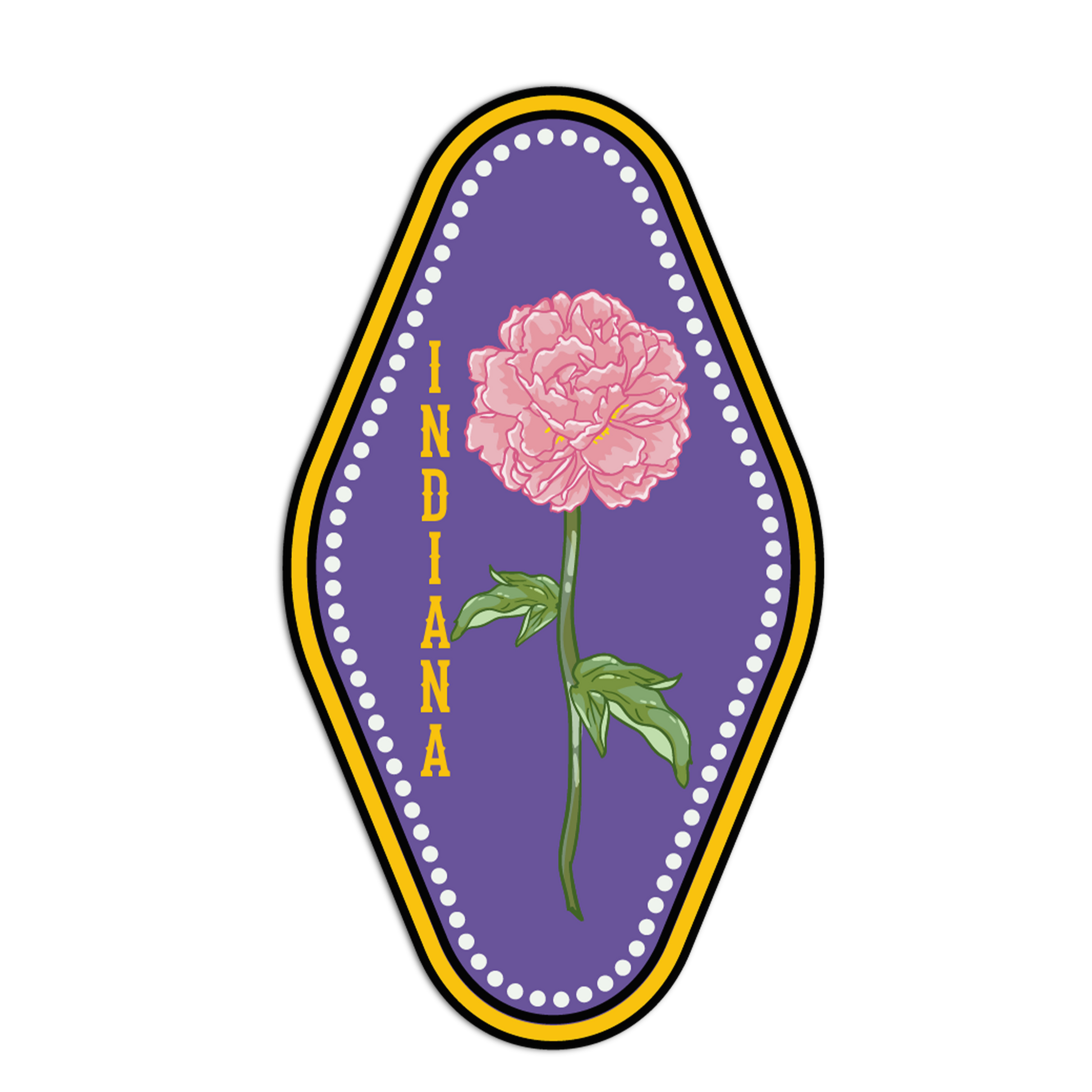 Sticker with a pink flower and 'Indiana' text on a purple background