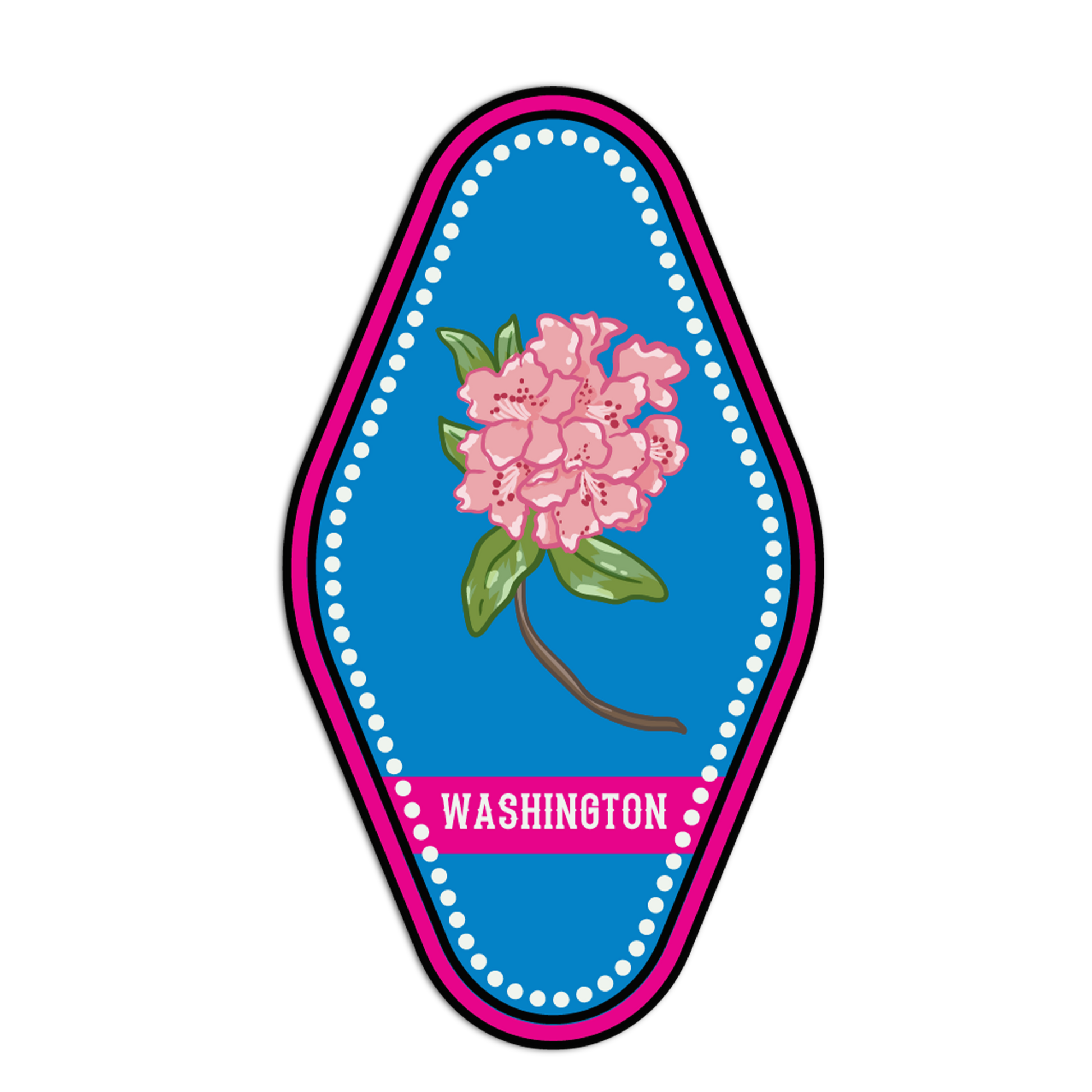 Sticker with pink flower and 'Washington' text on a blue background