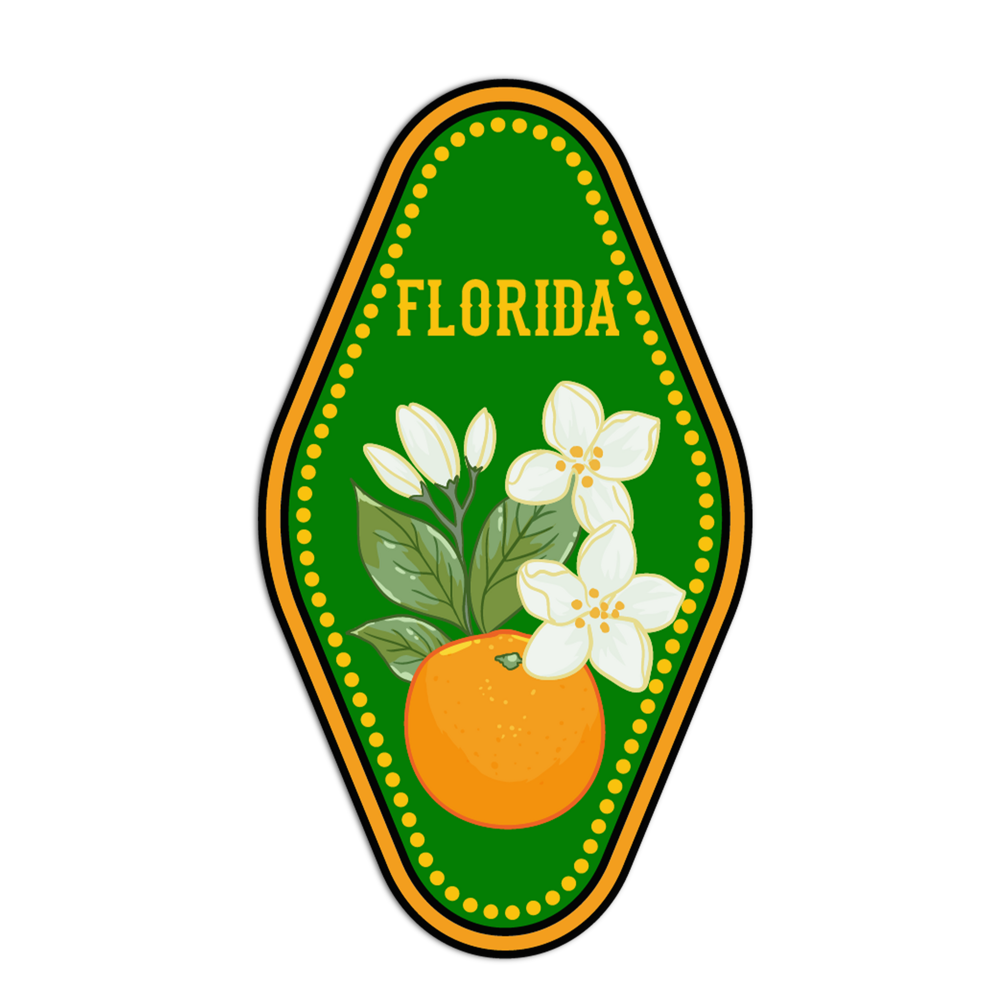 Emblem of Florida with an orange and flowers on a green background